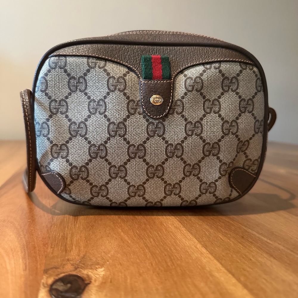 GUCCI Vintage Sherry Line GG Web PVC Canvas Browns Crossbody Shoulder Bag